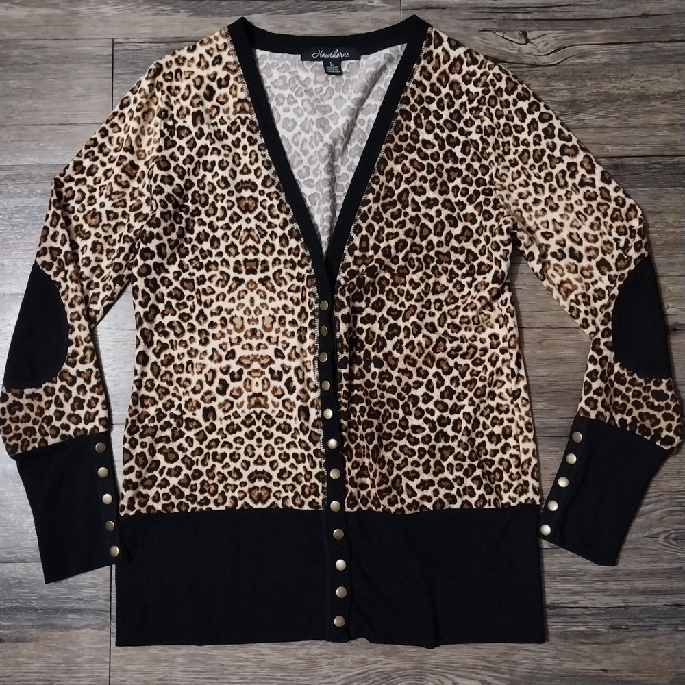 Hawthorne Leopard Printed V-neck Snap Front Long Sleeve Cardigan Sweater Women L